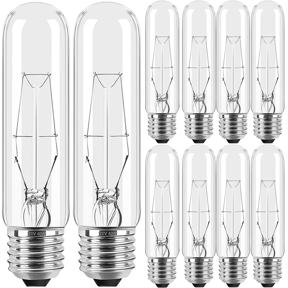 Tiqian 10-Pack 40W T10 Incandescent LED Light Bulbs, Warm White,Dimmable Clear Glass Edison Vintage Bulbs for Chandeliers, E26 Base, 2700K, Desk