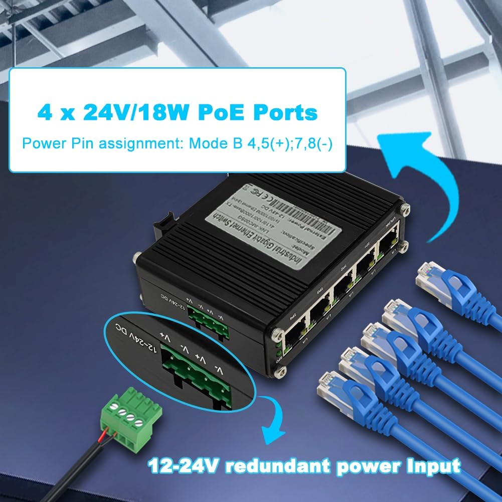 Yjntoximc Industrial 5 Ports Gigabit 24V Passive PoE Switch Support DC12V-24V Input to 24V PoE Output, 4 x 24V/18W PoE Ports@72W, IP40, Compact PoE