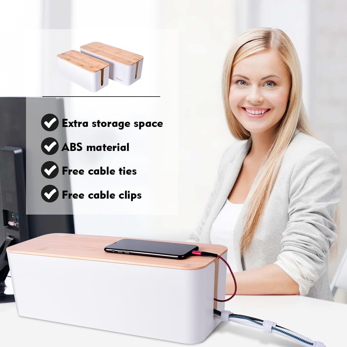 2 Pack Large Cable Management Box - Wooden Style Cord Organizer and Cover for TV Wires, Computer, Router, USB Hub and Under Desk Power Strip - Safe