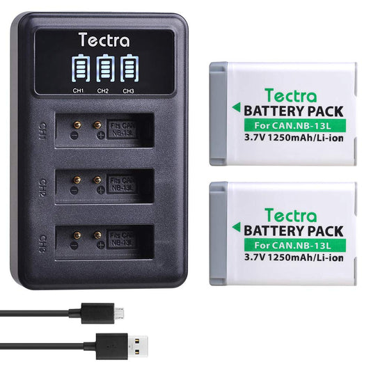 Tectra 2 Pack NB-13L Battery and 3-Slots LED Charger for Canon PowerShot G7 X Mark II/III, G7X, G9X, G9 X Mark II, G1 X Mark III, G5 X, G5X Mark II