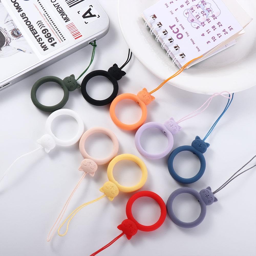 Kopida 11 Pcs Silicone Lanyard Finger Strap, Multicolor Mobile Phone Pendant Finger Ring, Creative Cartoon Cat Lanyard Hanging Rope for U Disk, Mobile