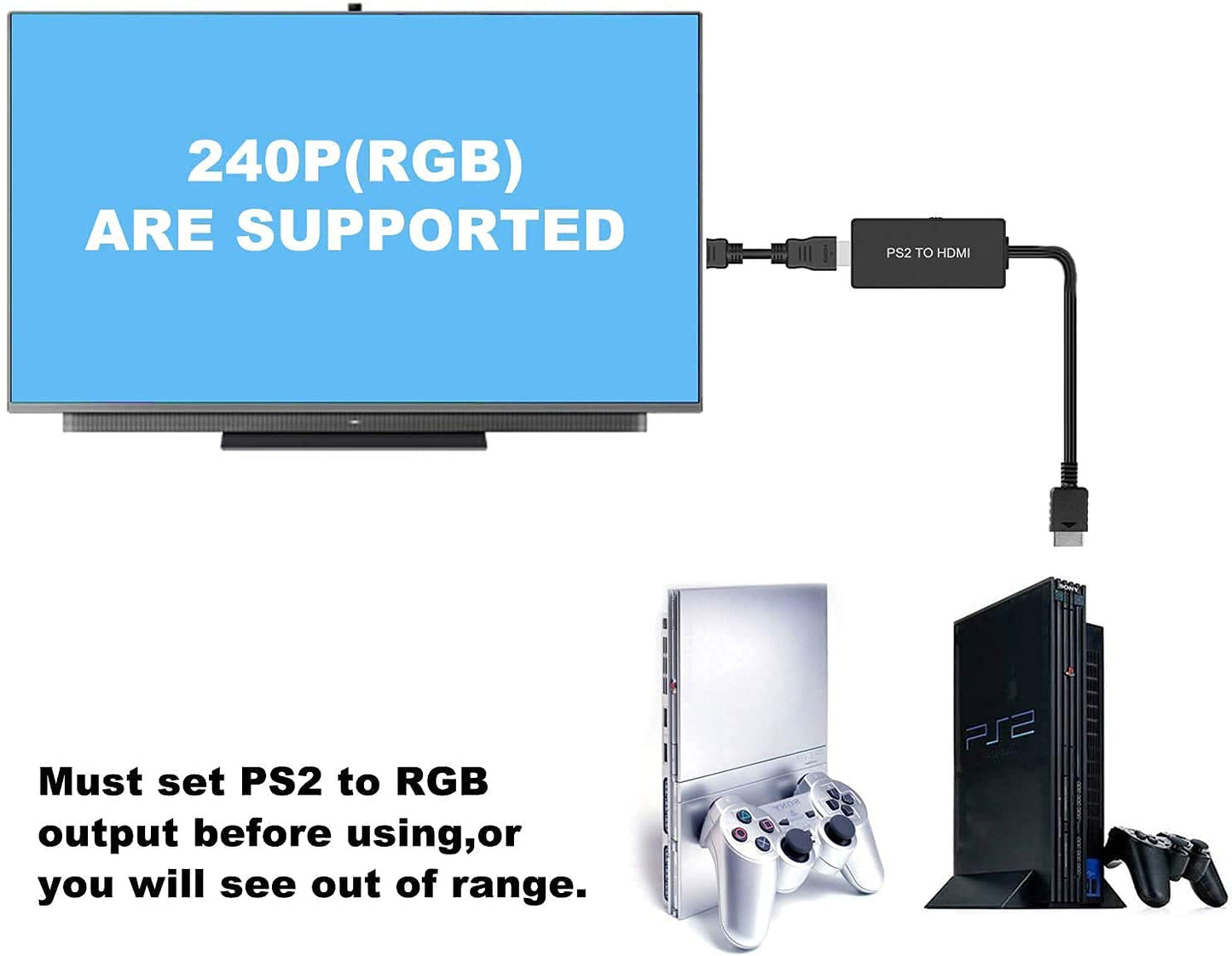 Y.D.F PS2 to HDMI Adapter PS2 HD-Link Cable Converter Support 4:3/16:9 Screen Aspect Ratio Switch Works for PlayStation 1/ PlayStation 2 HD Link Cable