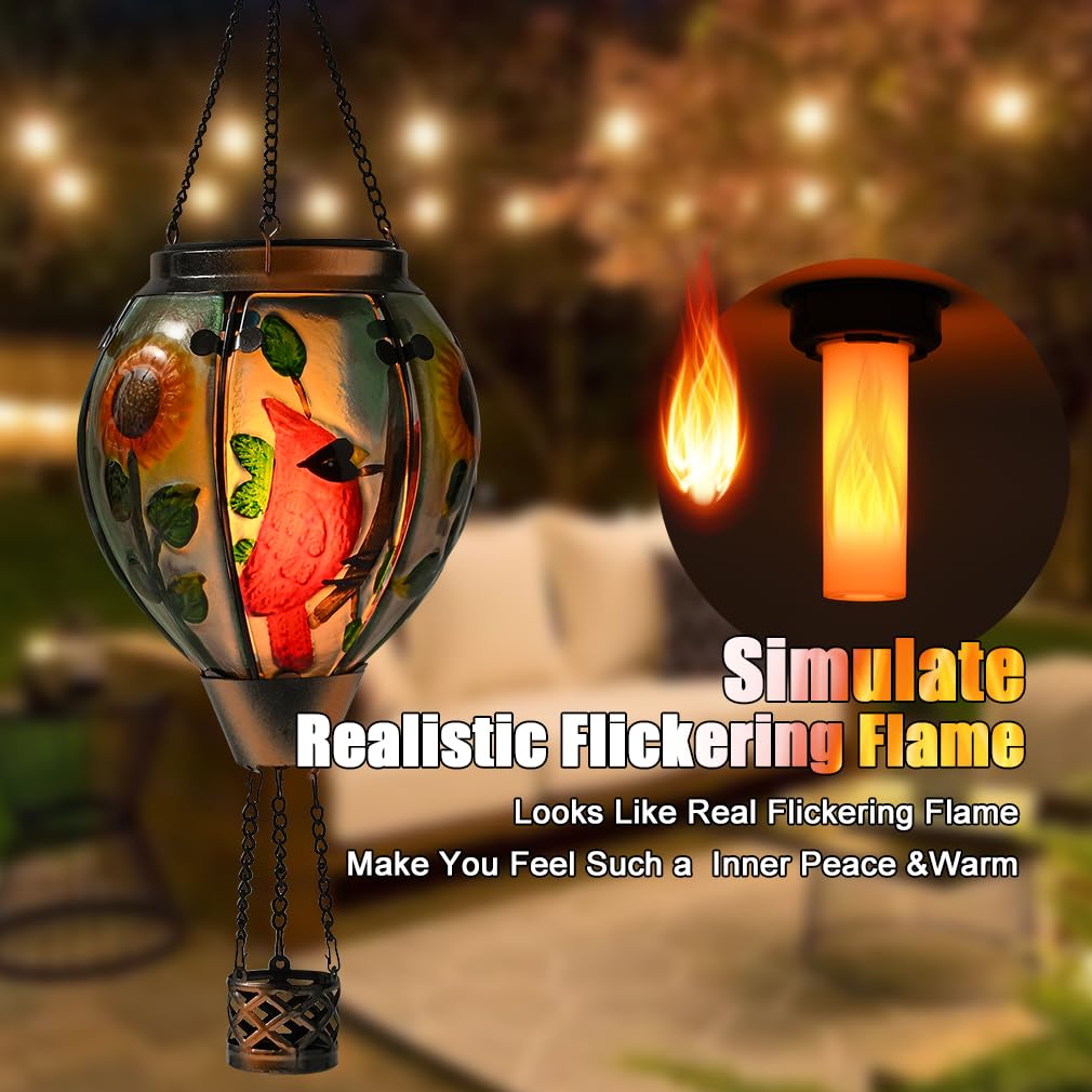 Hot Air Balloon Solar Lantern - Cardinal Bird Glass Lantern, Simulated Flickering & Dancing Flame, Outdoor Hanging Yard Light Waterproof IP65