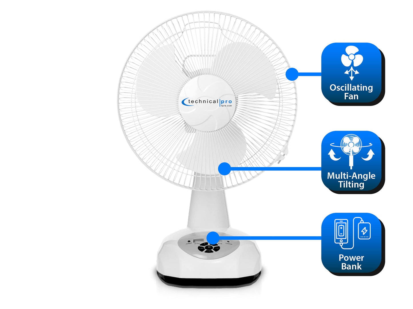 Technical Pro 12″ Rechargeable Oscillating Tabletop Fan w/LED Night Light