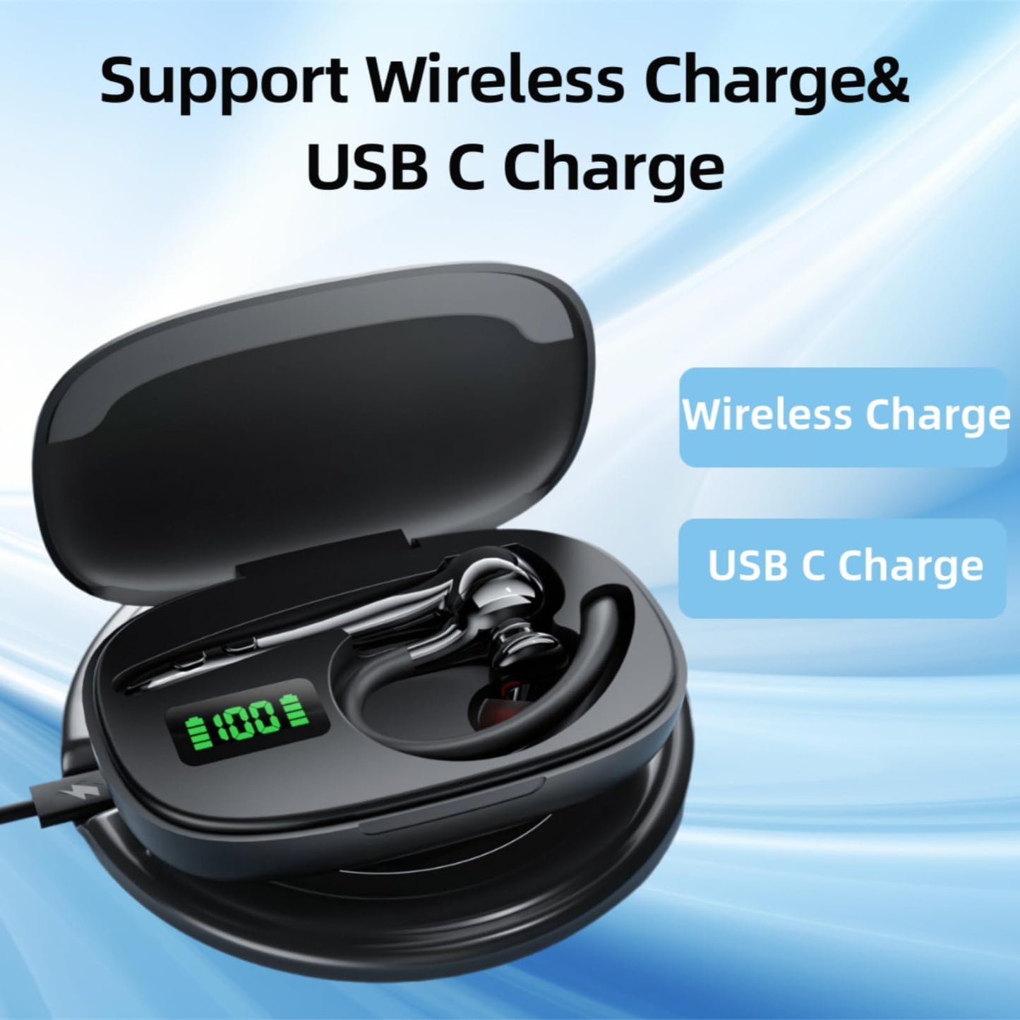 Bluetooth Headset Wireless Earpiece Earbuds with Noise Canceling Microphone 160H Standby Time Hands Free Headphones Single Ear Earphones for IOS