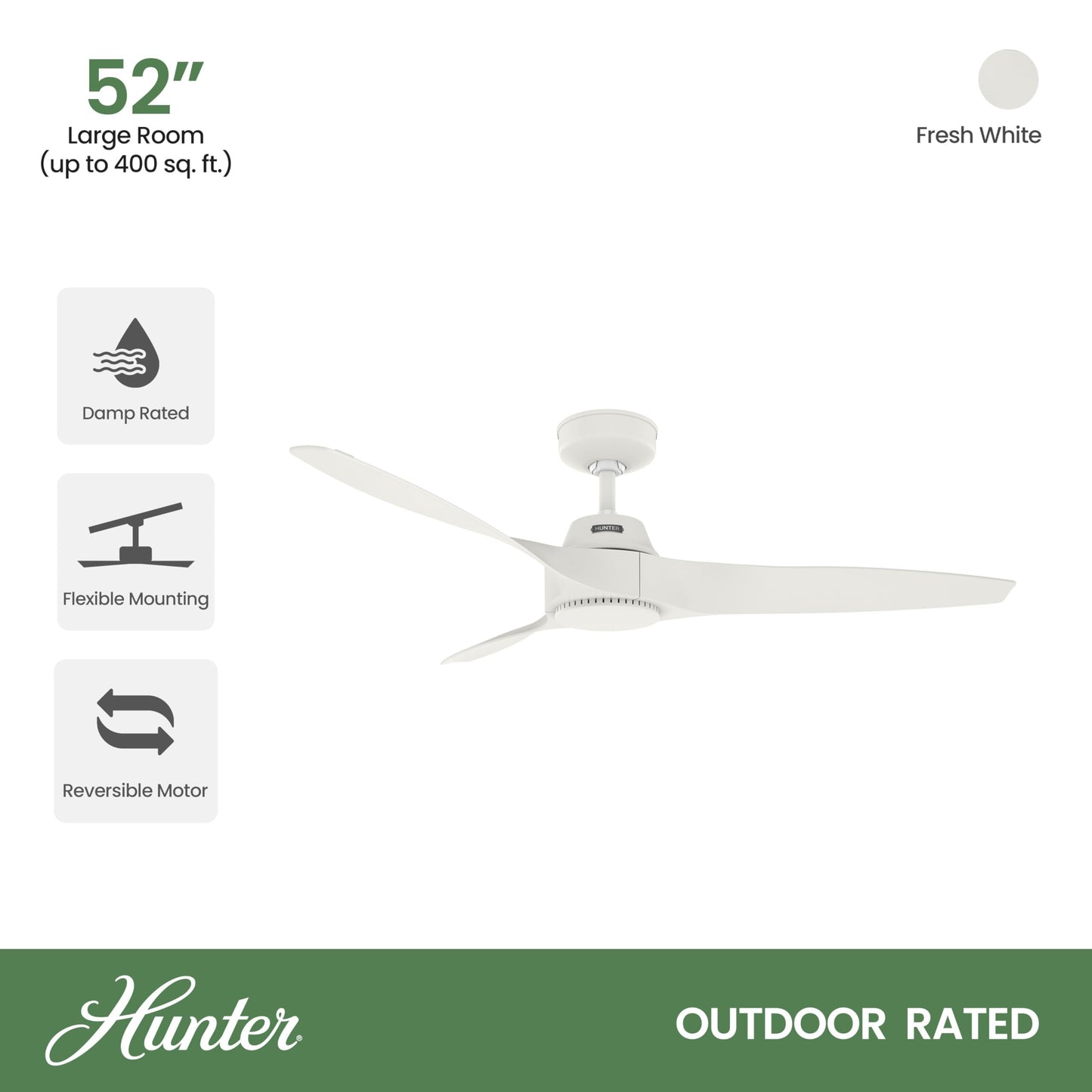 Hunter Fan 52 inch Ceiling Fan with No Light, Outdoor or Indoor White Ceiling Fan with 3 Blades for Porch, Living Room, Office, Kitchen, Garage