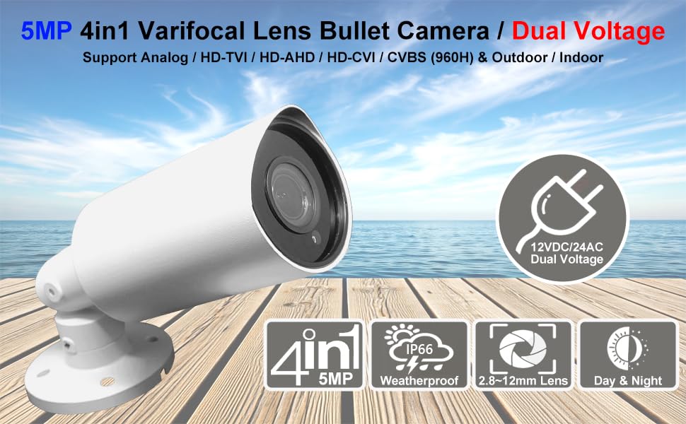 1stPV 5MP Super HD Analog Security IR Bullet Camera, 2.8-12mm Manual Varifocal Lens, 100ft Smart IR Night Vision, IP66 Weatherproof, 4-in-1