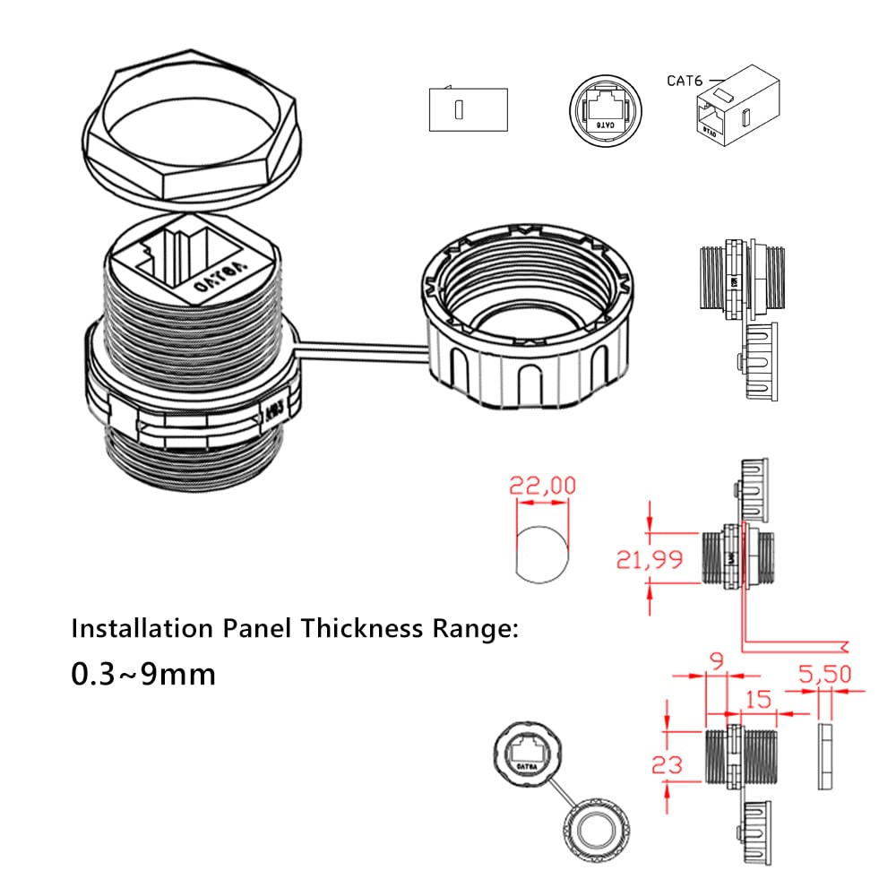 AUSGLEIFEN 5PCS Panel Mount RJ45 Waterproof Connector IP68 Shielded (STP) Cat5/5e/6 8P8C Ethernet LAN Cable Connector Network Cable Double Head