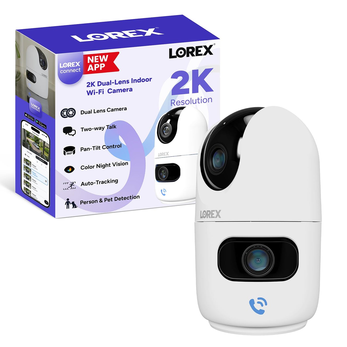 Lorex Connect 2K Indoor Dual Lens Wi-Fi 6 Camera | New Connect App | 360° Pan-Tilt | Person & Pet Detection | Color Night Vision | Instant Call |