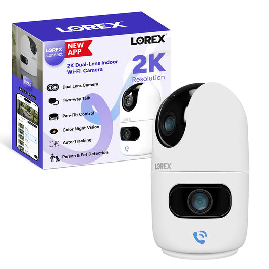 Lorex Connect 2K Indoor Dual Lens Wi-Fi 6 Camera | New Connect App | 360° Pan-Tilt | Person & Pet Detection | Color Night Vision | Instant Call |
