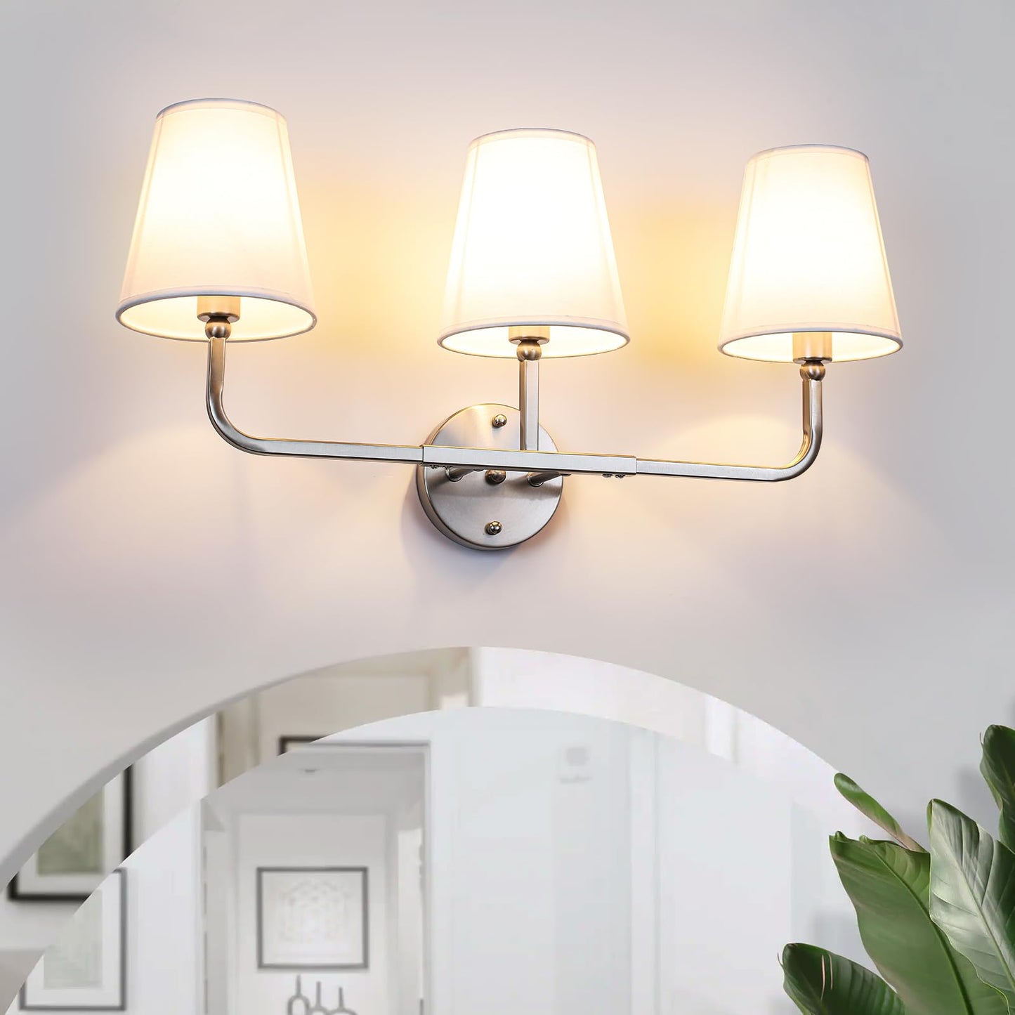 Bathroom Light Fixtures, 3-Light Wall Sconce, Brushed Nickel Vanity Lights Over Mirror with Flared White Fabric Shade, Modern Sconces Wall Lighting