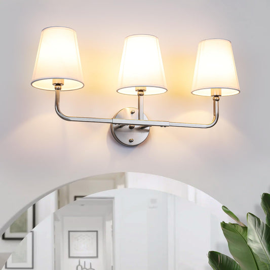 Bathroom Light Fixtures, 3-Light Wall Sconce, Brushed Nickel Vanity Lights Over Mirror with Flared White Fabric Shade, Modern Sconces Wall Lighting