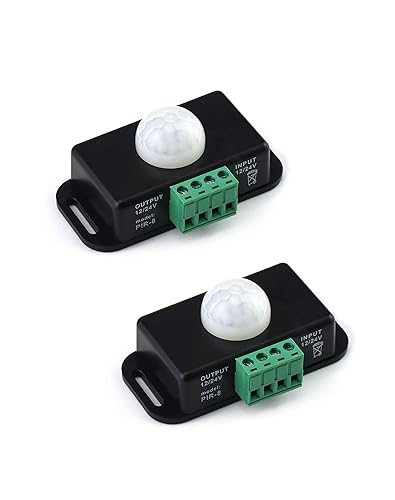QWORK Motion Sensor LED Switch (2 Pack), 12-24V, 6A, Adjustable Delay Time, 5-8M Induction Distance, 60° Field of View, for LED Strip Lighting, Wall