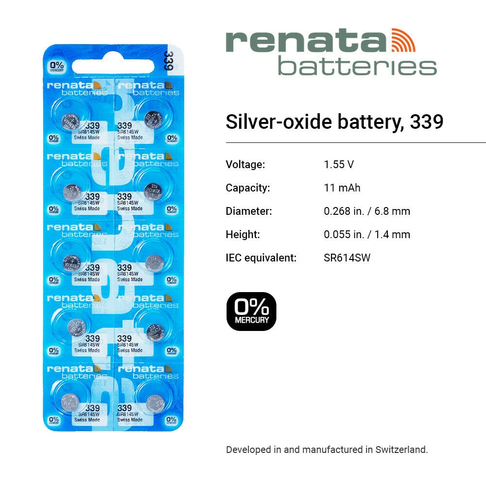 Renata 339 SR614SW Batteries - 1.55V Silver Oxide 339 Watch Battery (2 Count)