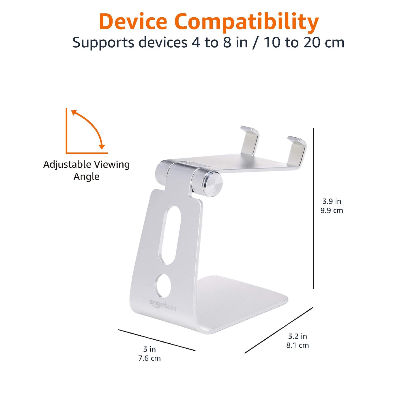 Amazon Basics Adjustable Aluminum Phone Stand for Cell Phones, iPhone and Android, Desktop Phone Holder with Adjustable Angle, Hands-Free Viewing