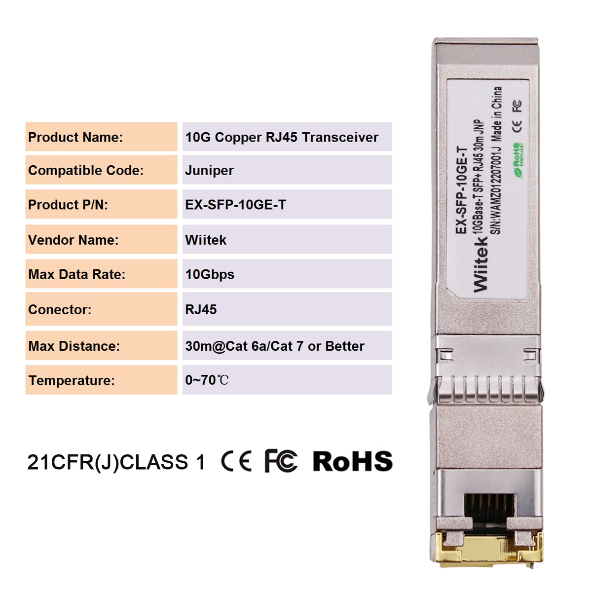 Wiitek 10G SFP+ to RJ45 Copper Modules, 1.25G/2.5G/5G/10GBase-T Ethernet Copper to SFP+ Transceiver Compatible for Juniper EX-SFP-10GE-T(Cat 6a/7 or