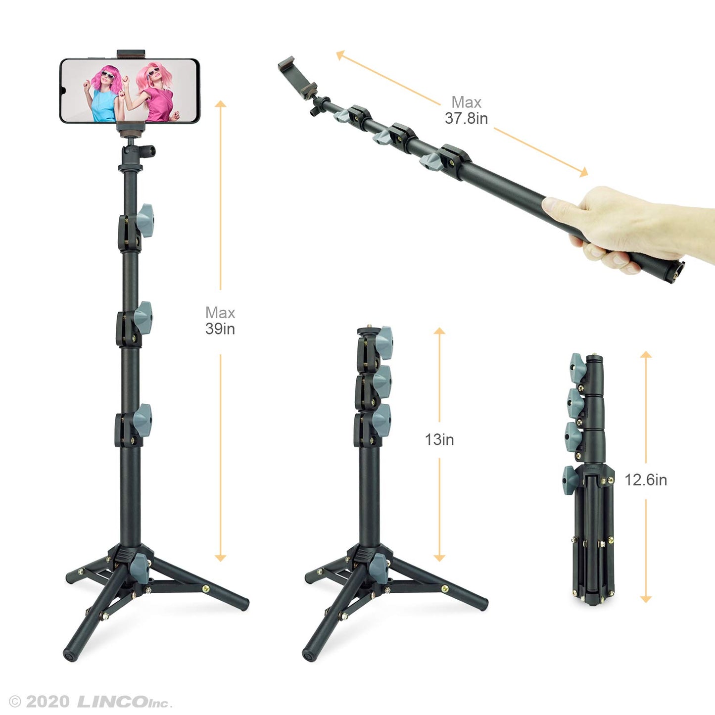 Selfie Stick & Tripod LINCO, Integrated, Portable All-in-One Professional, Heavy Duty, Lightweight, Bluetooth Remote for Apple & Android Devices