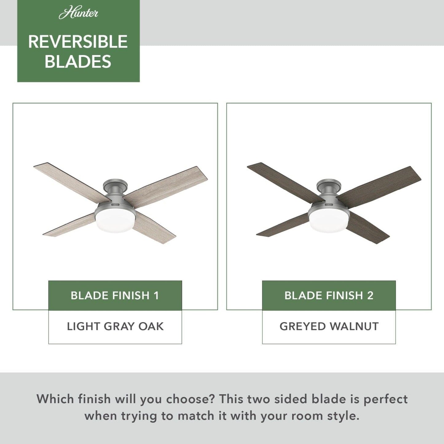 Hunter Fan 52 inch Low Profile Matte Silver Indoor Ceiling Fan with LED Light and Remote Control, Holiday Gift for Bedroom, Living Room, Dining Room