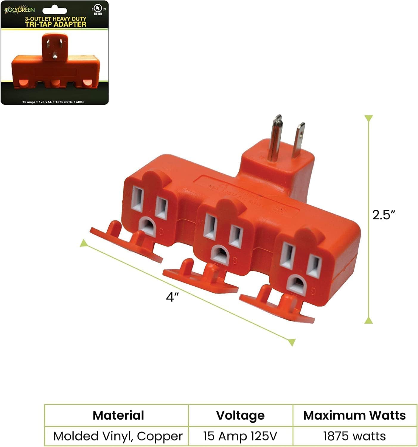 GoGreen Power Inc. (G-03431OR-2) 3 Outlet Tri-tap with Right Angle Plug, Orange, 2 Pack