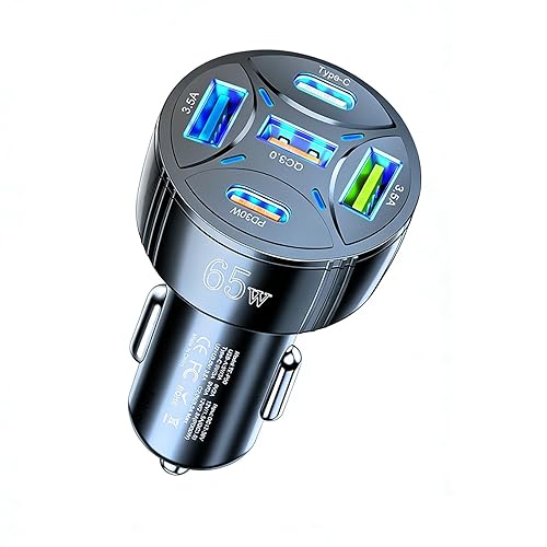 Alanph Super Fast Charging USB-C Car Charger Adapter, 65W 5-in-1 Multi-Port PD30W & QC3.0 Cigarette Lighter USB Charger