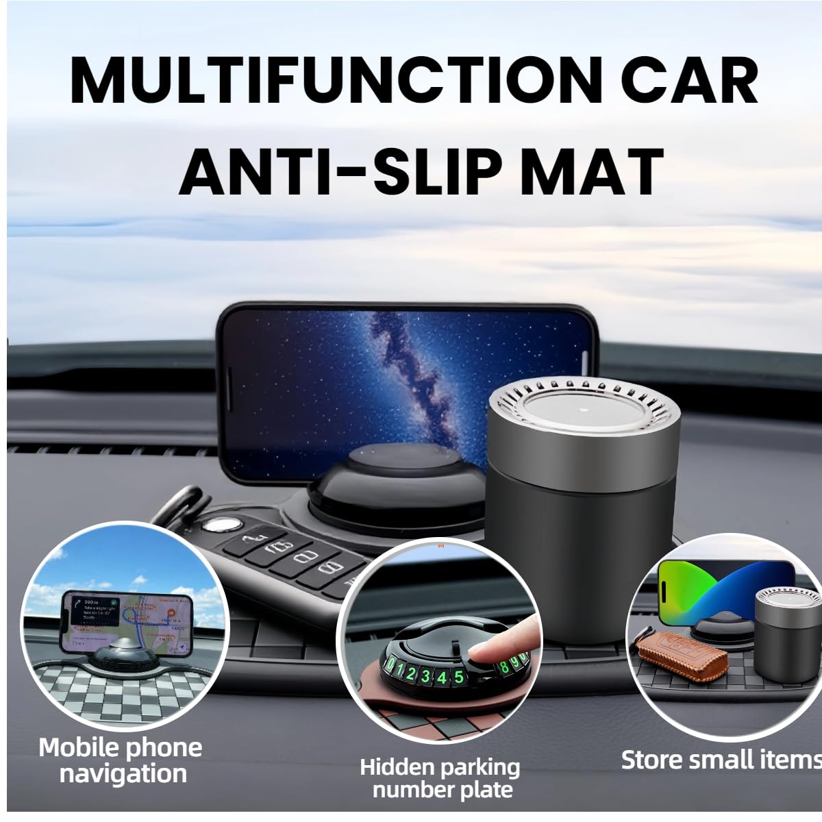 Vilhunase Multifunctional Car Anti-Slip Mat 360° Rotatable Phone Holder Hidden Temporary Parking Number Plate Anti-Slip and Storage Mat(Black-Gray