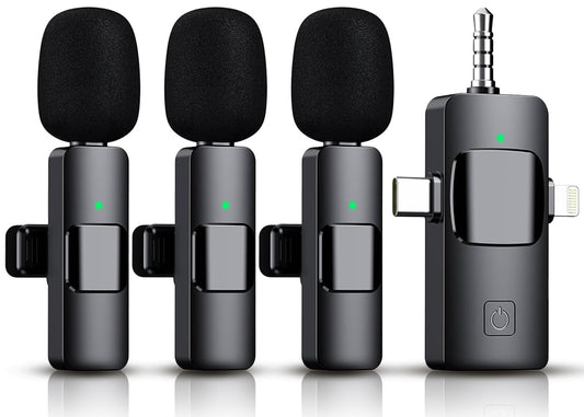 3 in 1 Wireless Lavalier Microphone for iPhone, iPad, Android, Camera,12-Hour Battery, mini Noise Reduction Recording Mic 2.4G Ultra-Low Delay