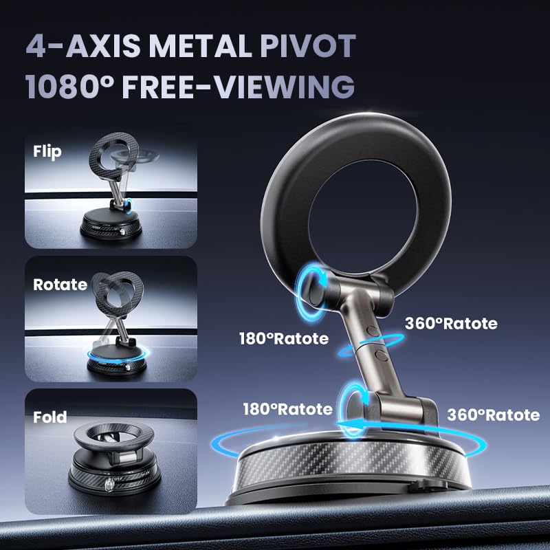 LouqueticBloom MagSafe Compatible Car Mount, 110LBS Strong Magnetic Phone Holder, 3000GF Vacuum Suction Cup, 360° Adjustable Zinc Alloy Car Phone