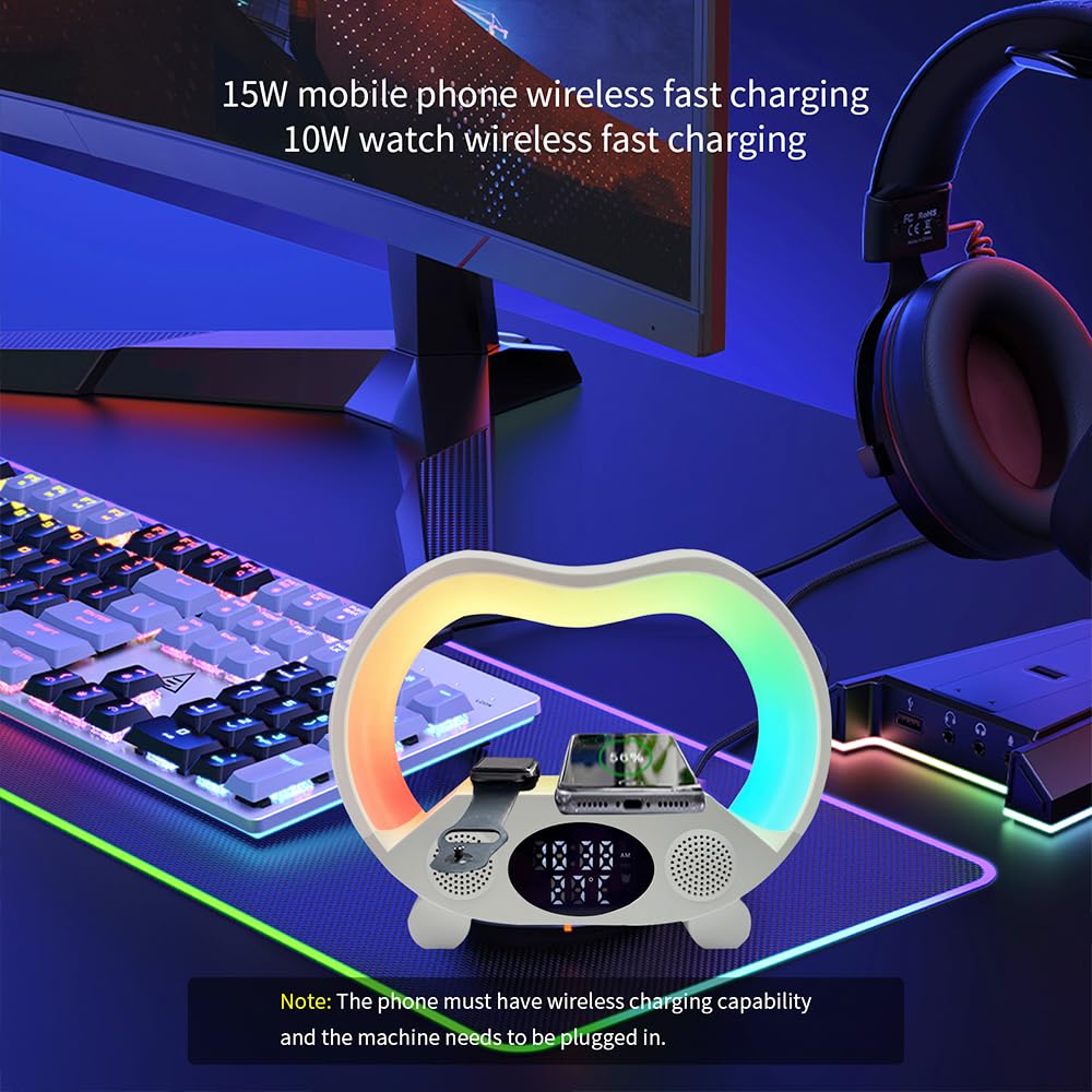 IHAO 6in1 Wireless Charging Station with Bluetooth Speaker Time&Temperature Display Alarm Clock 7-Color LED Night Lights Fast Charger for Phone, Apple