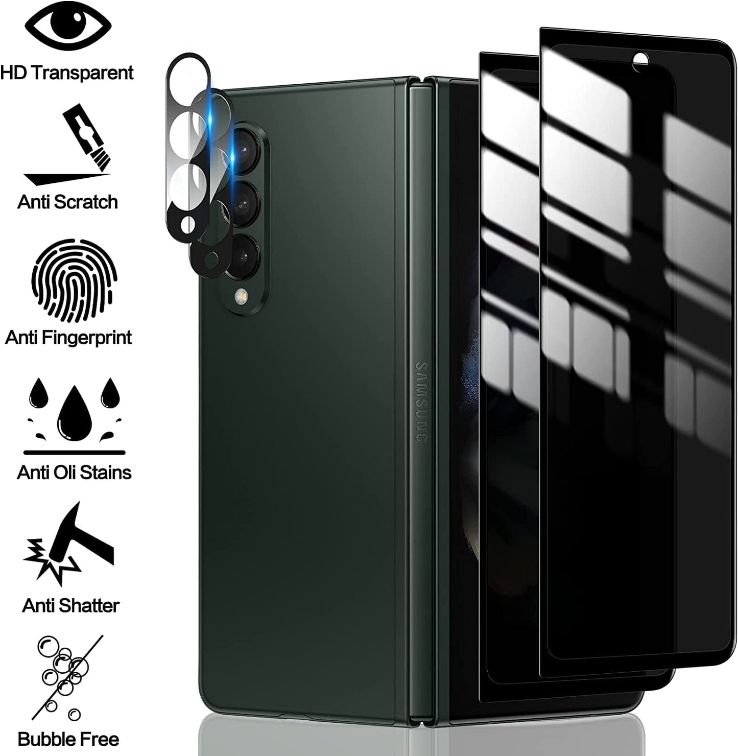 ELEYBTEH 2 Privacy Tempered Glass Front Screen Protector for Samsung Galaxy Z fold 7+ 2 Privacy Inner Soft Film Protector+ 2 Camera Lens Protector+ 2