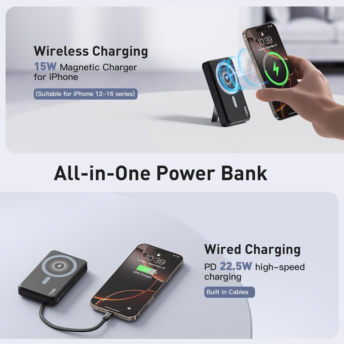 Tryetas 2026 Magnetic Wireless Power Bank, 16800mAh Portable Charger with 2 Built in Cables, LED Display Magnetic Battery Pack Travel Essentials