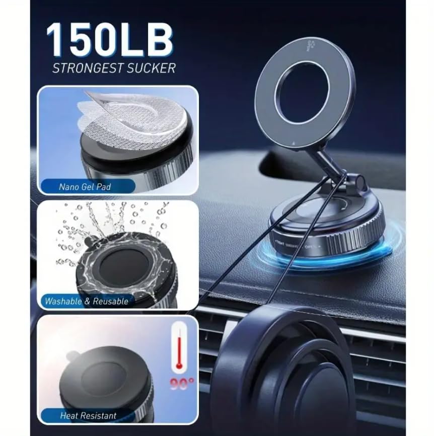 Car Phone Holder with Ultra Strong Vacuum Suction Cup - 360° Adjustable & Rotatable MagSafe Phone Mount for Car/Desk/Office/Gym/Mirror and Universal