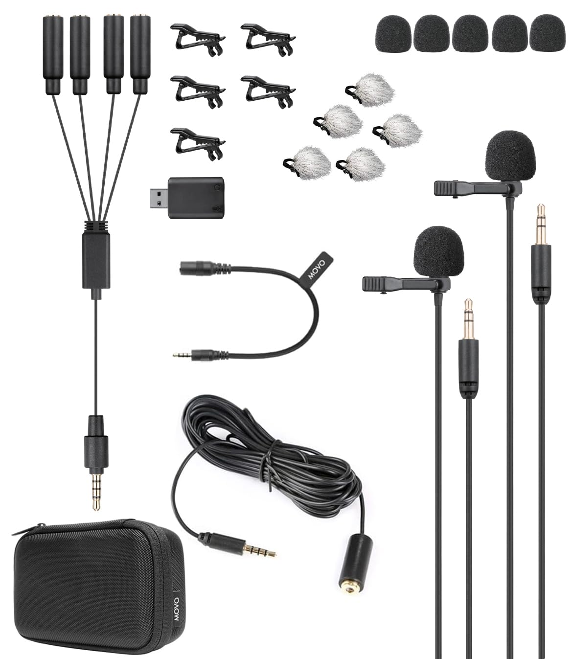 Movo VersaLav-V2 Lavalier Microphone Set for Smartphones, Computer, DSLR or Mirrorless Camera with Two Lapel Microphones, Splitter, Extension Cord