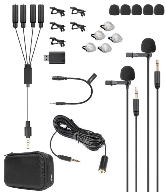 Movo VersaLav-V2 Lavalier Microphone Set for Smartphones, Computer, DSLR or Mirrorless Camera with Two Lapel Microphones, Splitter, Extension Cord