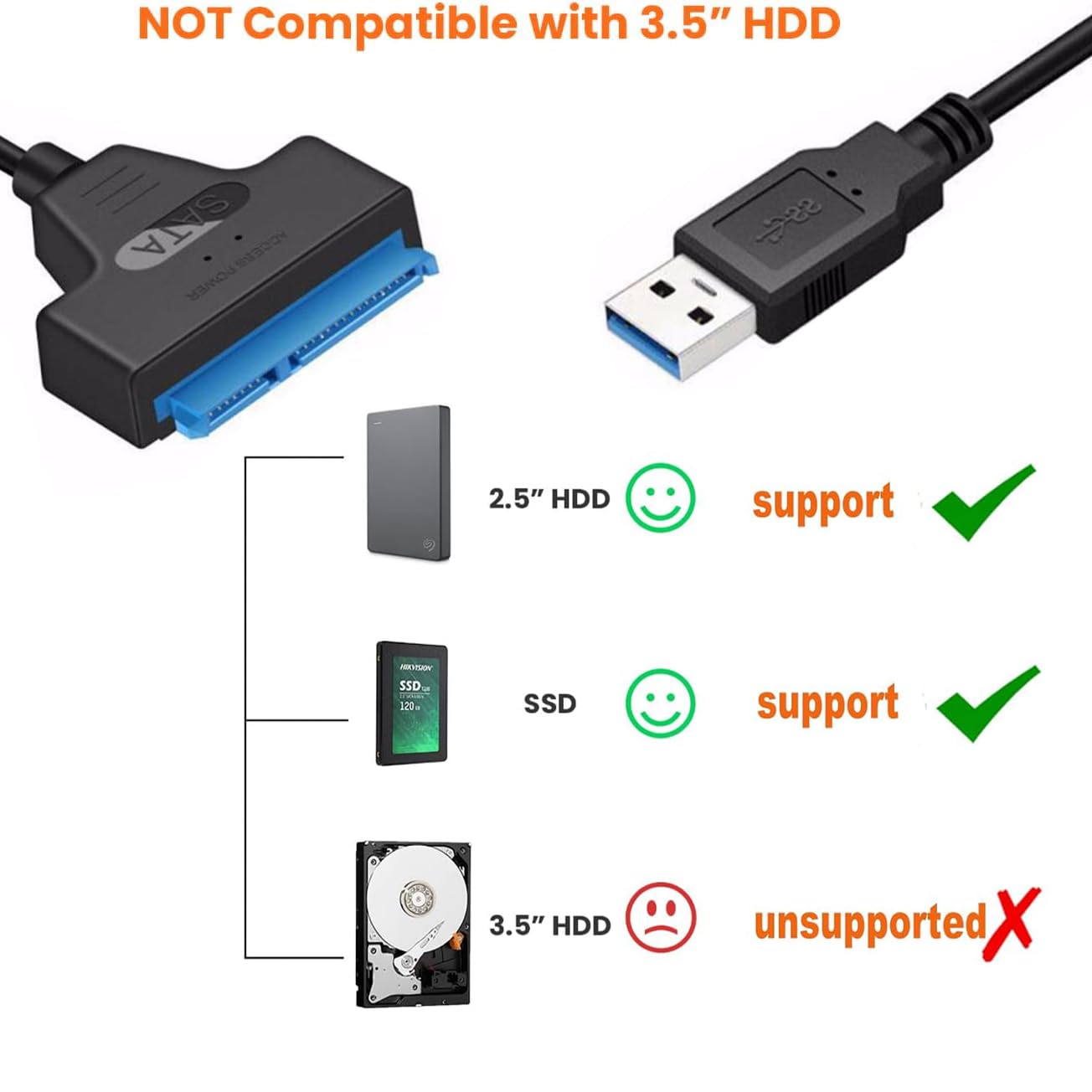 Yxflz SATA to USB 3.0 Cable - USB Adapter Compatible for 2.5" HDD & SSD Hard Drive Reader, External Hard Drive Converter Support UASP, Black