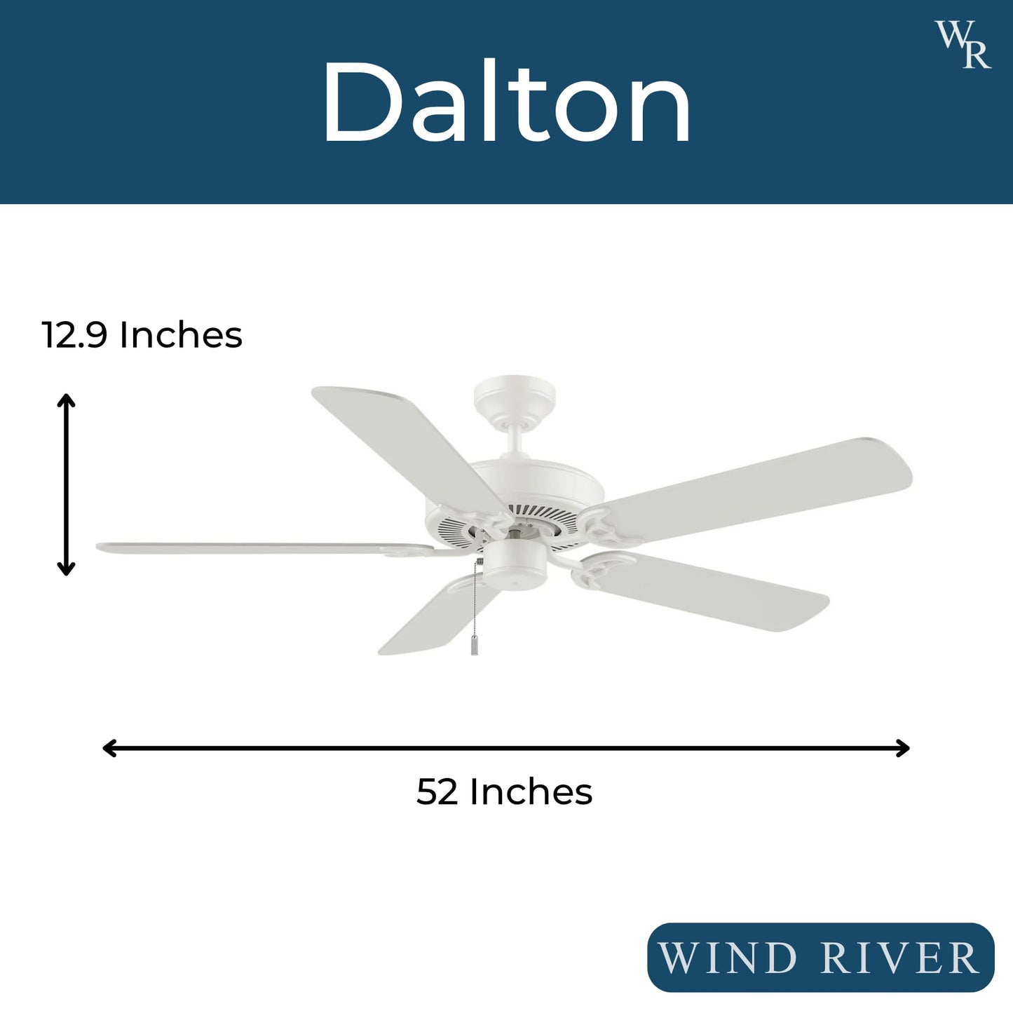 Wind River WR1472W Dalton 52 Inch Indoor Ceiling Fan | White Finish with White Blades | Pull Chain Control | 3 Speed AC Motor with Manual Reverse |