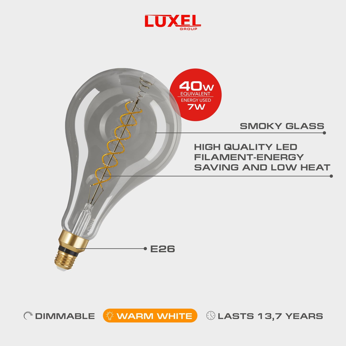 LUXEL GROUP Oversized Edison LED Light Huge Bulb Vintage PS52(PS160) 7W Equivalent 40W - Dimmable 2200K Warm Glow 400 Lumens E26 Base - Large Filament