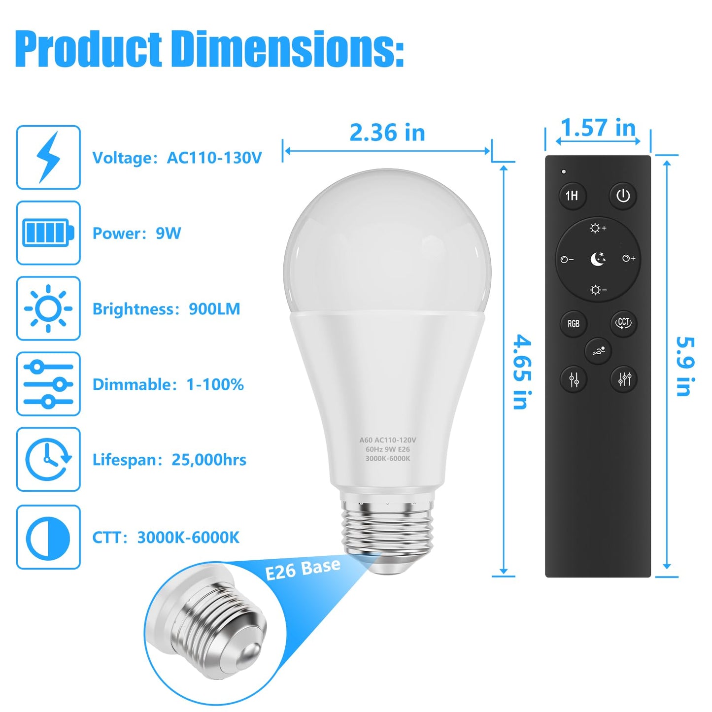MXhme A19 LED Light Bulbs with Remote Control, 800LM 9W, 60W Equivalent LED Bulbs,Stepless Dimmable 3000K-6000K,E26 Base,CRI 80+,2.4GHz,25000+ Hours