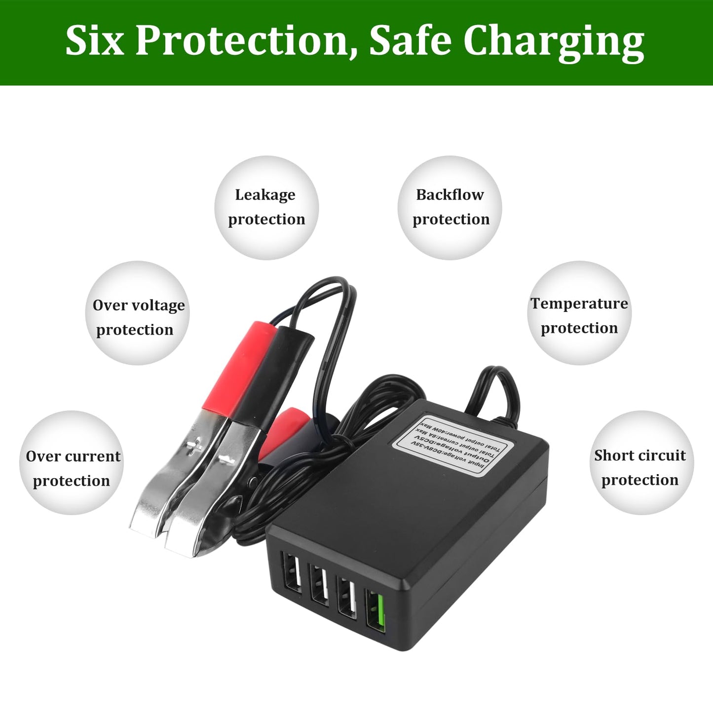 DC Converter with Battery Clip 12V 24V to 5V 8A 4-Port USB Power Adapter Charger, Automatically Identify 4 Ports Shunt Charging for iPhone iPad…
