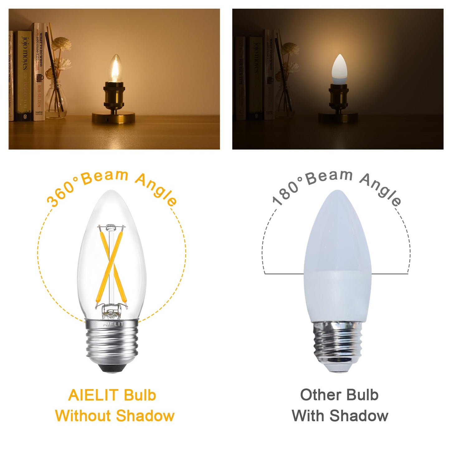 AIELIT Dimmable LED Candle Light Bulb, Vintage 2W B11 E26 LED Candelabra Bulbs 25 Watt Equivalent for Hotel Bedroom Entryway Chandelier Pendant Lights