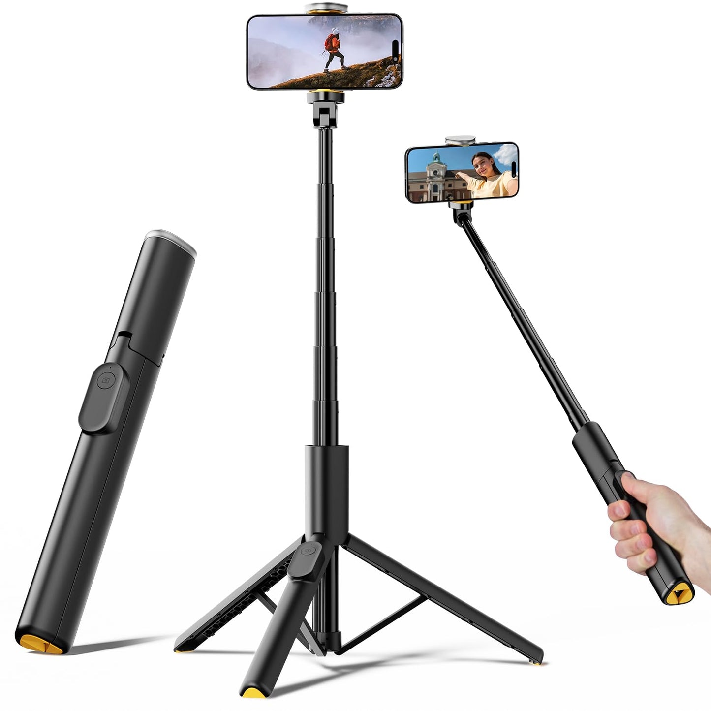 TODI Selfie Stick Tripod for iPhone, 60" Lightweight Phone Tripod Stand with Wireless Remote, Extendable Selfie Stick for iPhone, All-in-1, Compatible