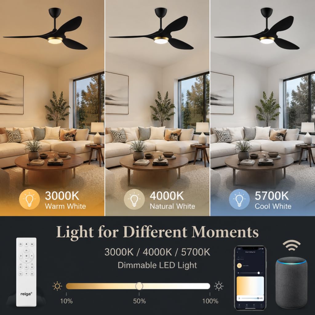 reiga 52" Black Smart Ceiling Fan with Light, Quiet DC Indoor Fan