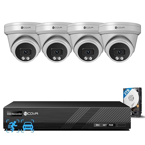 4COVR 4K PoE Security Camera System, Human Vehicle Detection, 4Pcs 8MP 2.8mm 110° Wide Angle Dome IP Camera with Mic, 8CH 8MP H.265 NVR with 2TB HDD