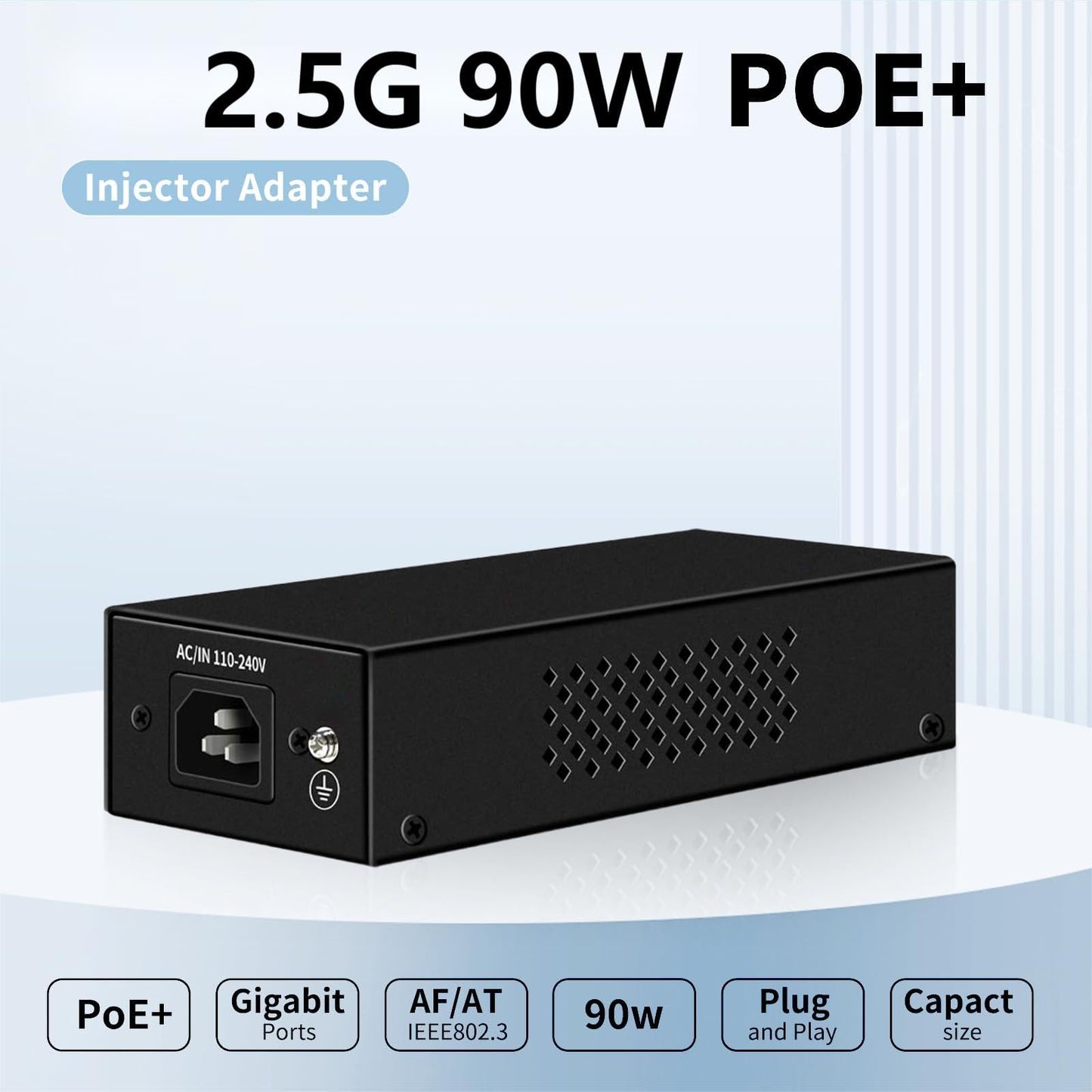 PoE Injector Up to 90w Power Supply, 2.5 Gigabit PoE Adapter for IP Cameras and VoIP Phones Network Distance Up to 328 ft. PoE Power Supply IEEE
