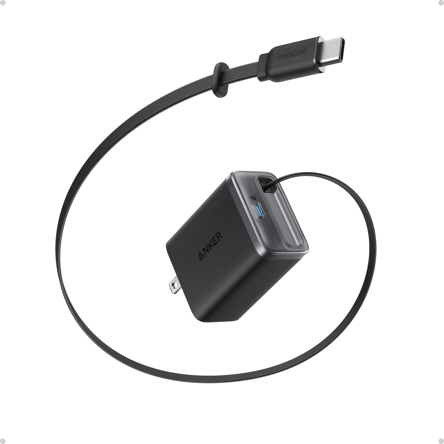 Anker Nano USB C Charger Block, 35W Max 2-Port High-Speed Compact Charger with Durable Built-in Anker InstaCord Retractable Cable, Works with iPhone