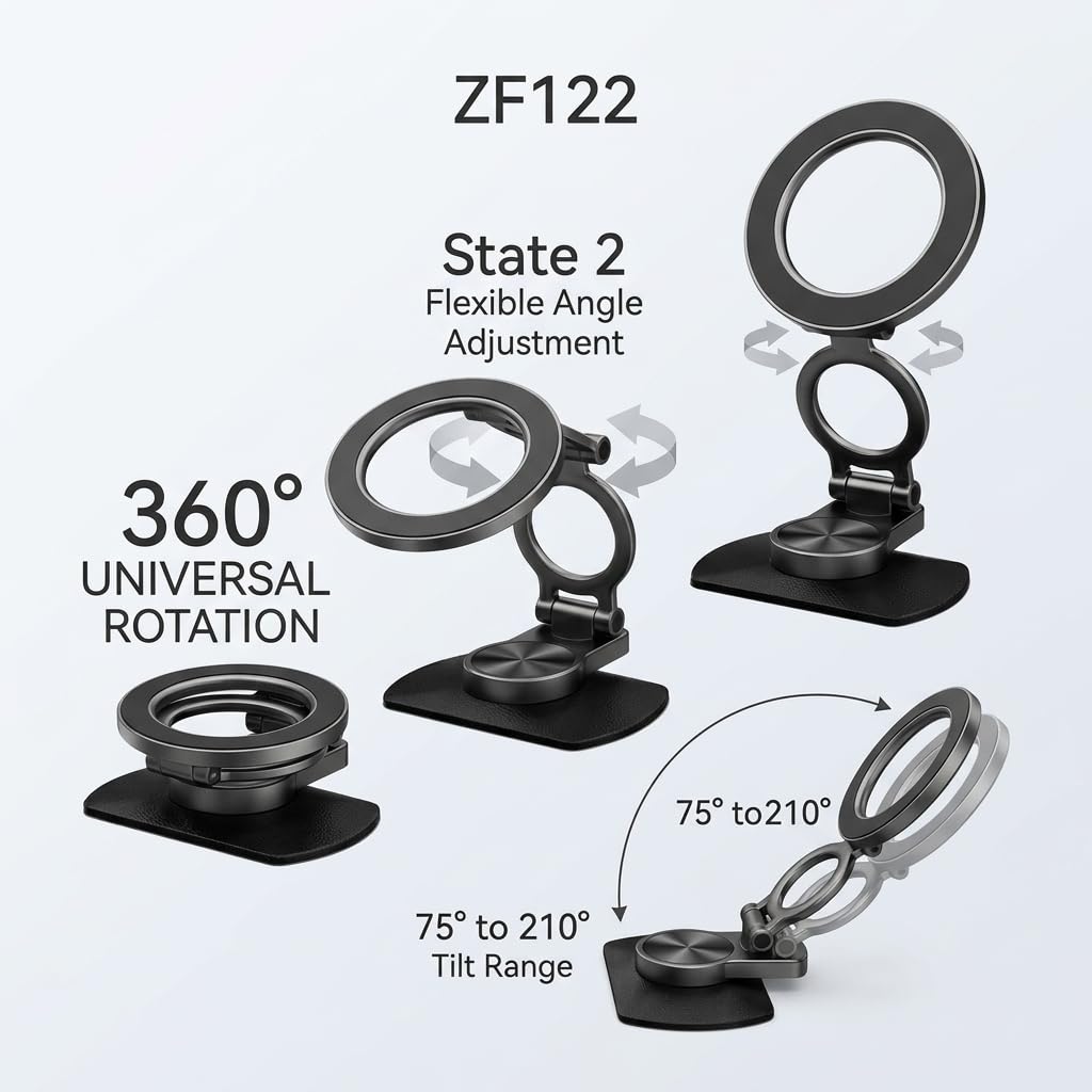 bqoeesok Car Phone Holder for MagSafe, N52 Strong Magnetic 3M Adhesive Dashboard Mount, 57mm Ultra-Thin Foldable (0.75"), 360° Swivel + 75°~210° Tilt