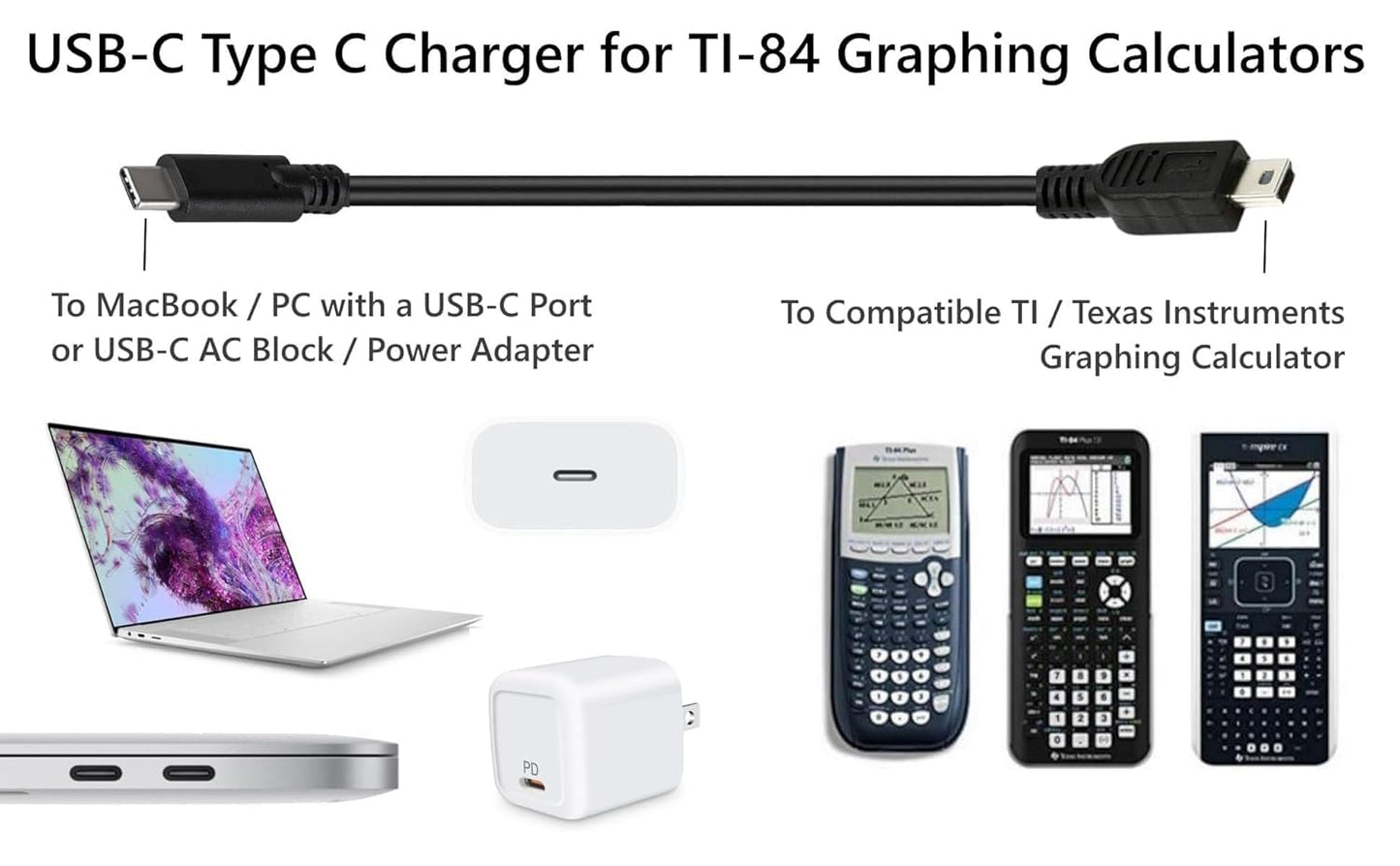 USB C USBC Calculator Charger Cable & Block Set for Texas Instruments TI-84 Plus CE Color/TI-Nspire CX/CX CAS/TI-84 Plus/TI-84 Plus C Silver
