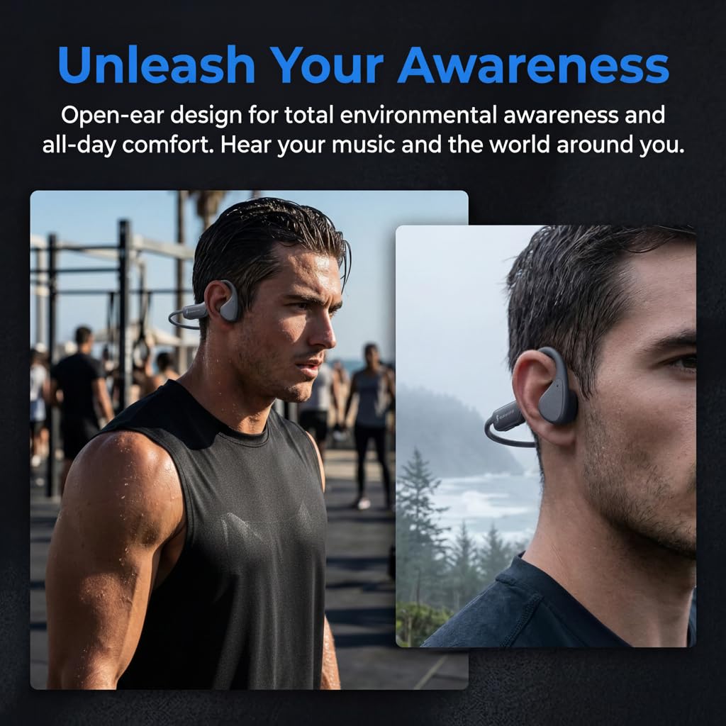 QZYCY Bone Conduction Headphones, Bluetooth 5.4 Open-Ear Wireless Sports Earphones with Mic, 12H Playtime, IPX6 Sweatproof Premium Headset