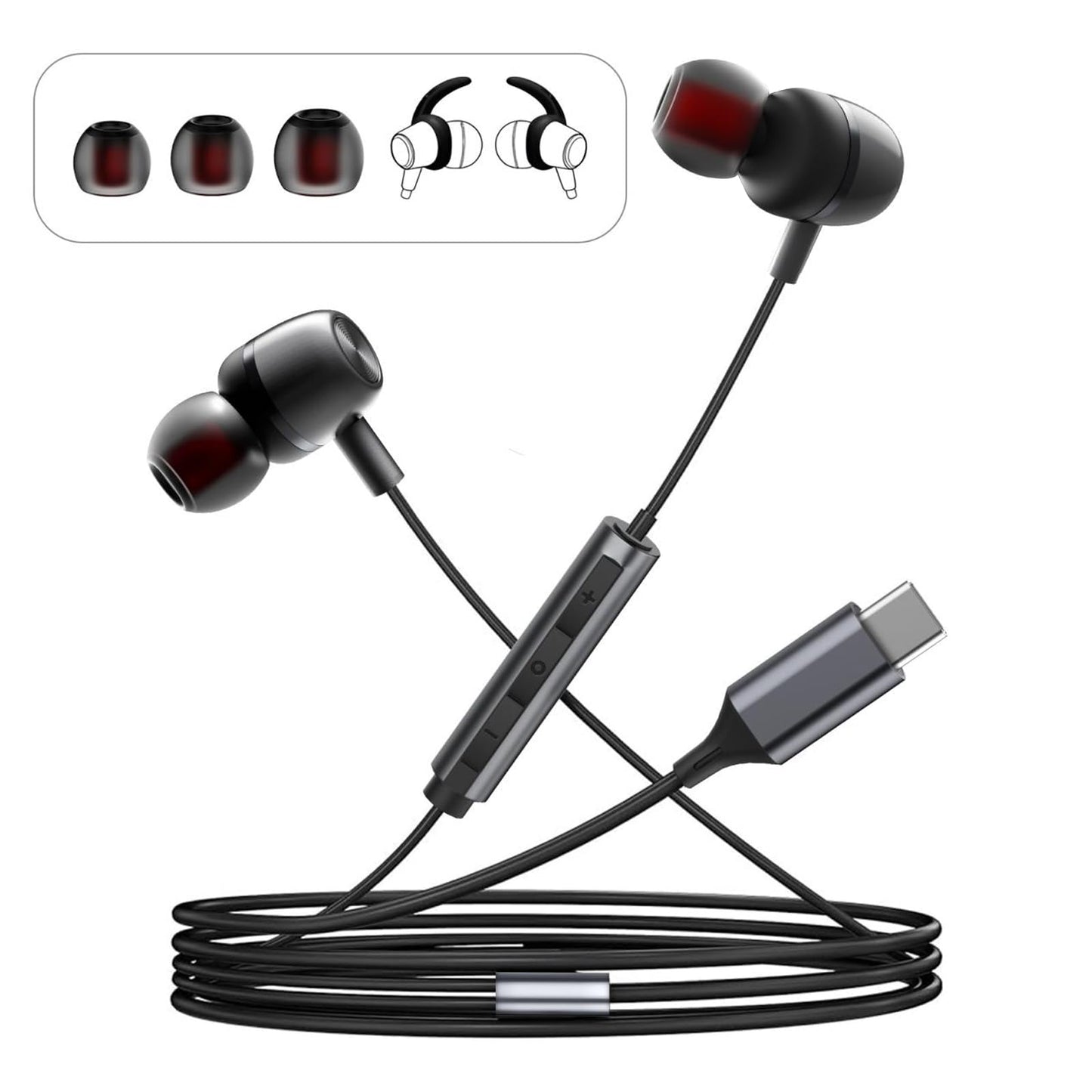 USB C Headphones for Samsung S24 S23 FE S22 S21 S20 A53 A54 Wired Earbuds Metal in-Ear Type C Earphone with Microphone Volume Control Bass Stereo