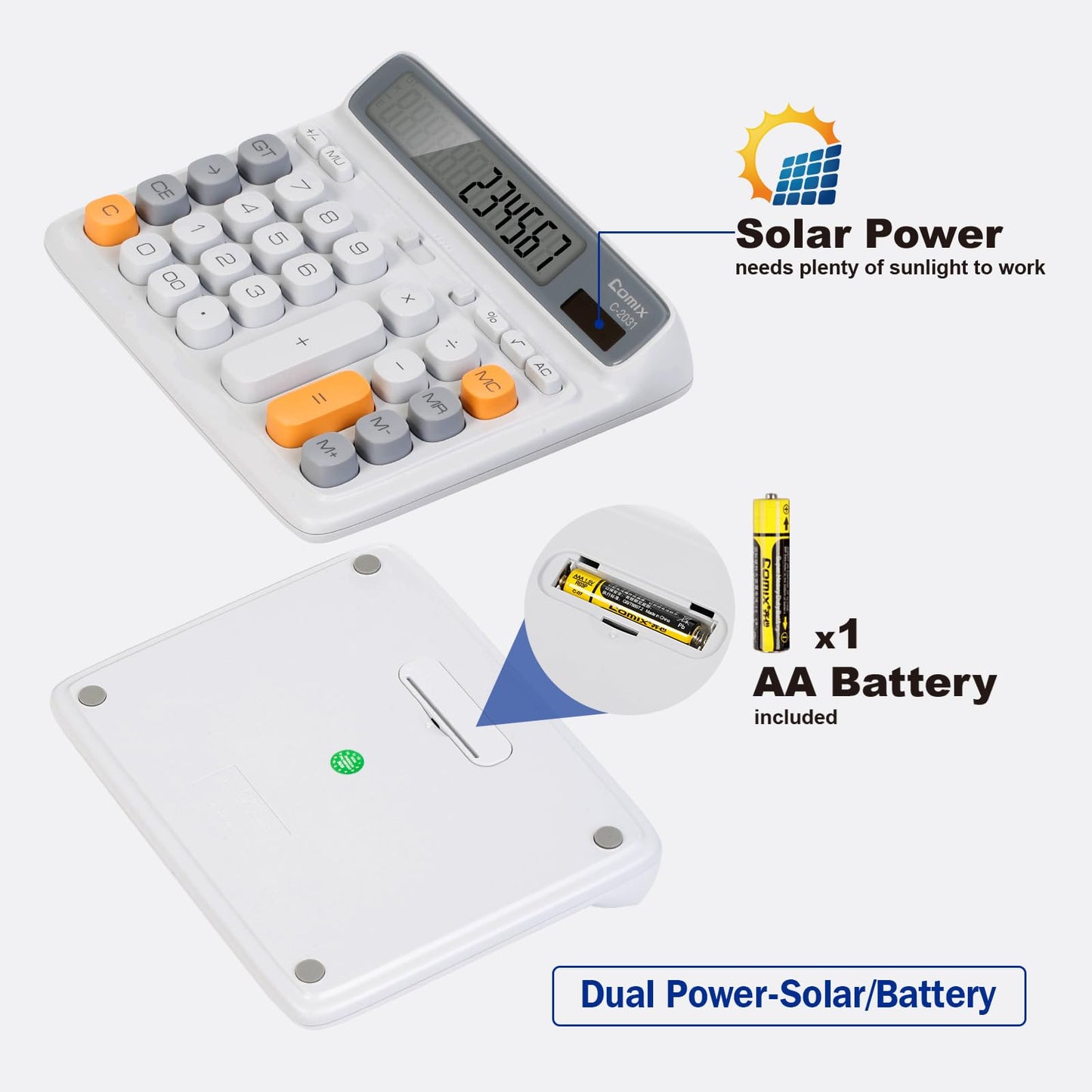 Comix Desk Calculator with 12 Digits Large LCD Display, Solar Battery Dual Power, Large Computer Keys Basic Calculator for Home Office School