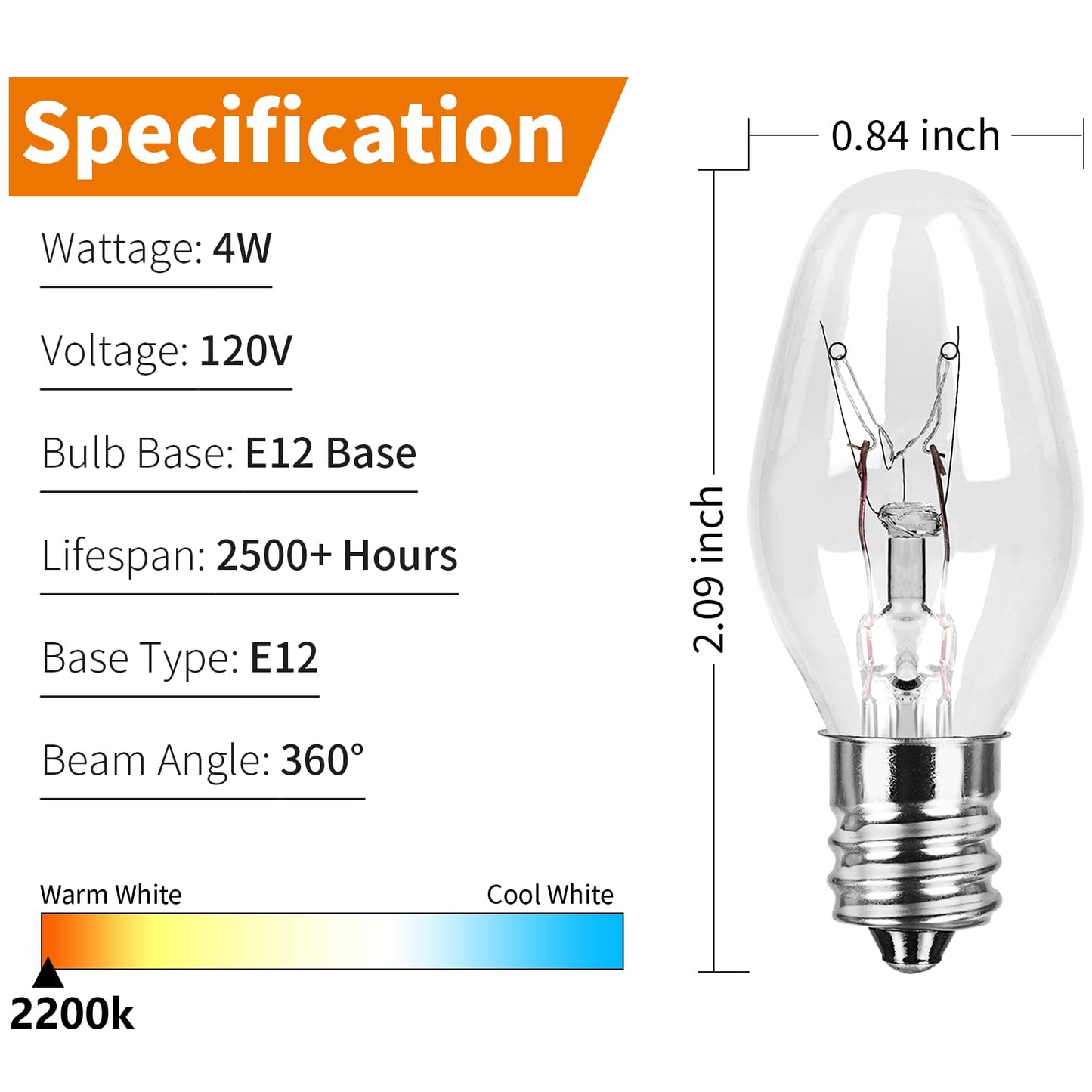 COLWATT 15-Pack Night Light Bulbs 4 Watt, 120V E12 C7 Small Light Bulb for Plug-in Himalayan Salt Lamp, 2200K Warm White, 30 Lumen, Dimmable
